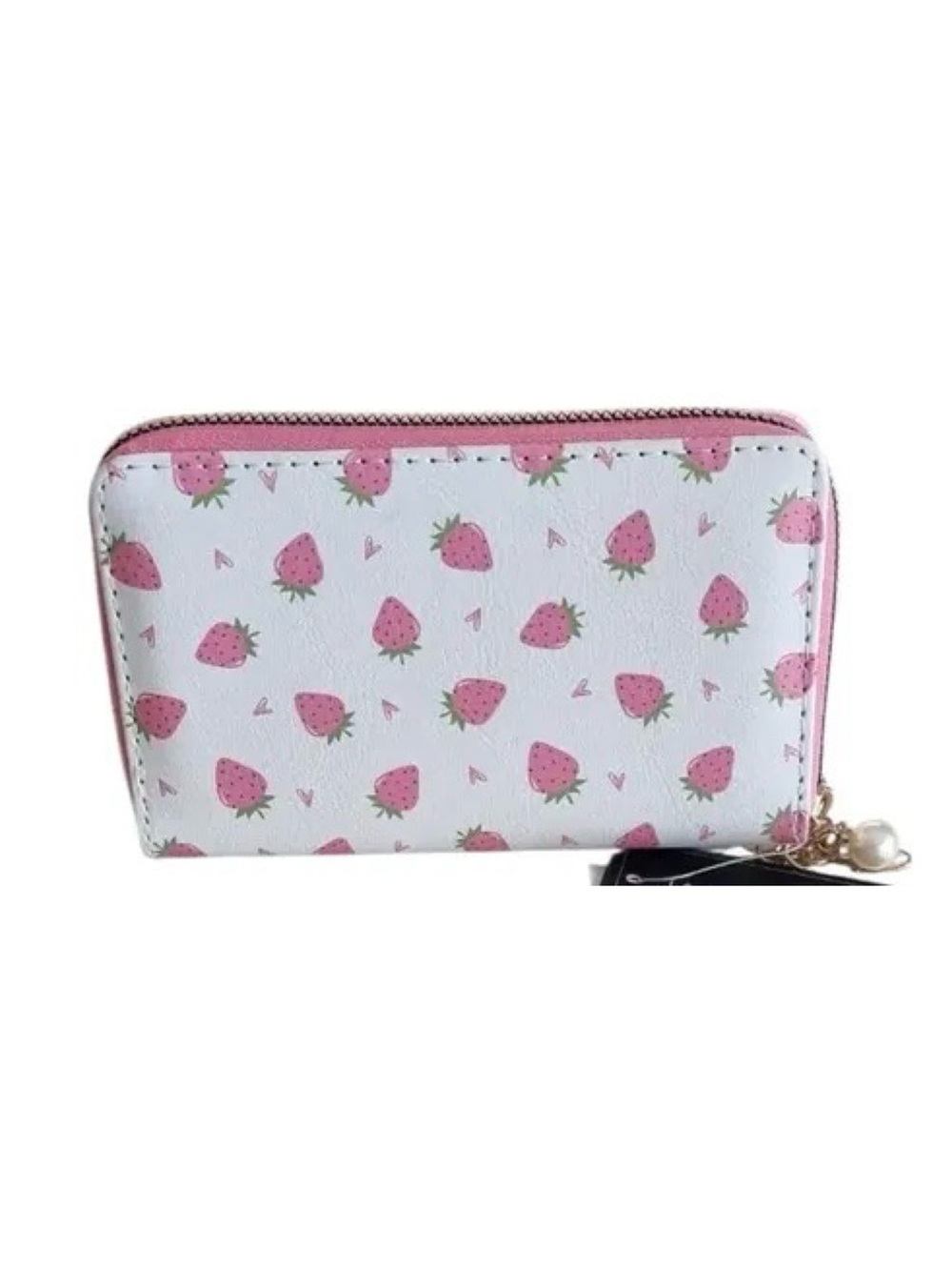 Pink Strawberry Print Zip Wallet - White Background